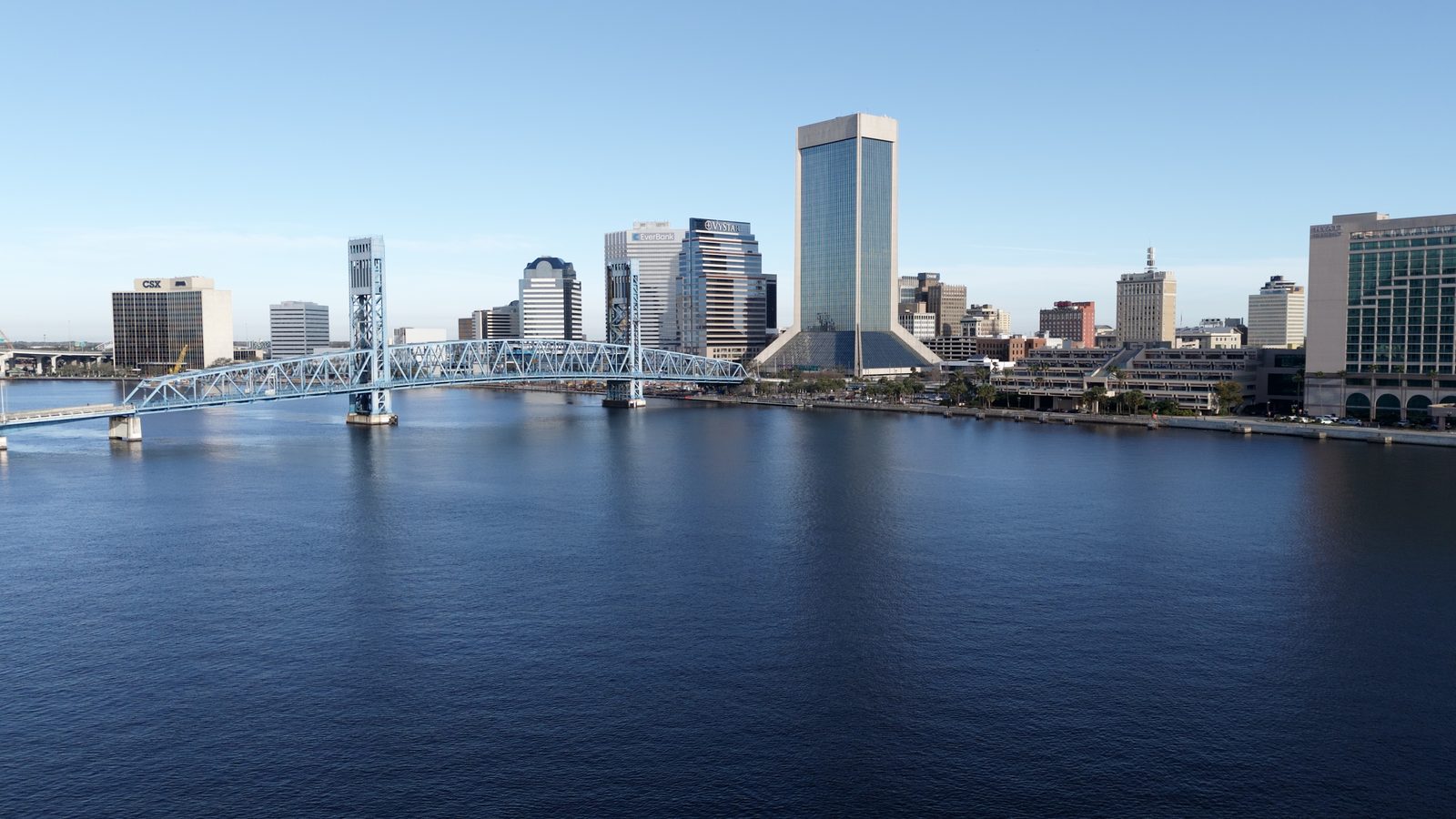 The St. Johns River, the Main Street Bridge, and the downtown Jacksonville skyline on a clear morning, Duval County, Florida